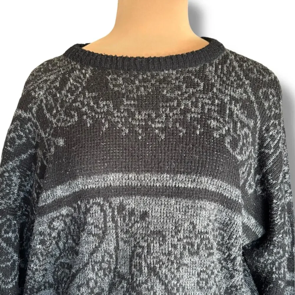 Vintage 90s Black Gray Floral Tapestry Knit Pullover Sweater Made in USA XL‎